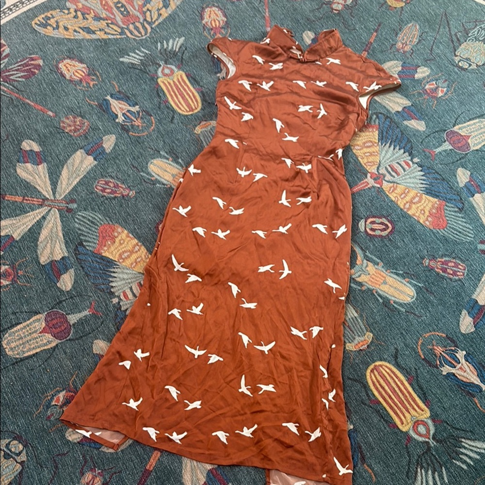Elegant Silkinc Rust Brown Cheongsam Midi Dress with Bird Pattern 165 S - Picture 5 of 10
